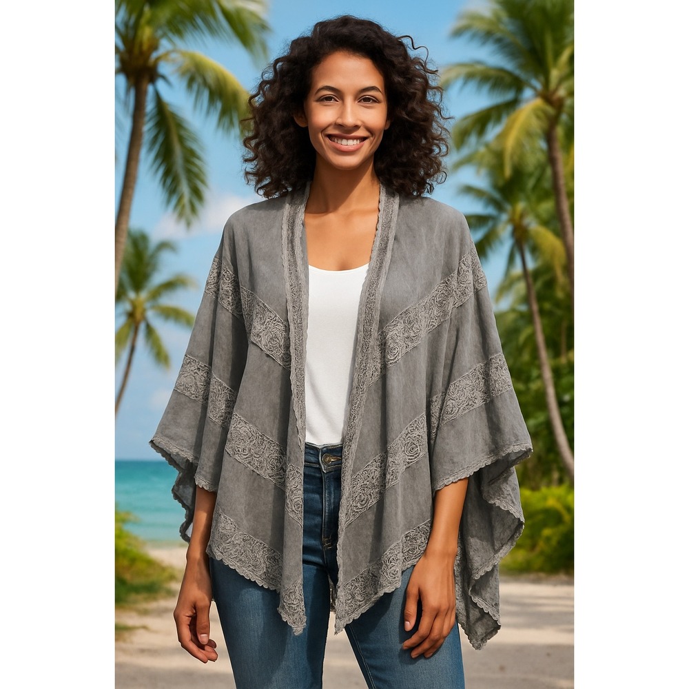 Entro Gray‎ Lace Trim Kimono Cardigan Women's L Boho Draped Open Front Layering